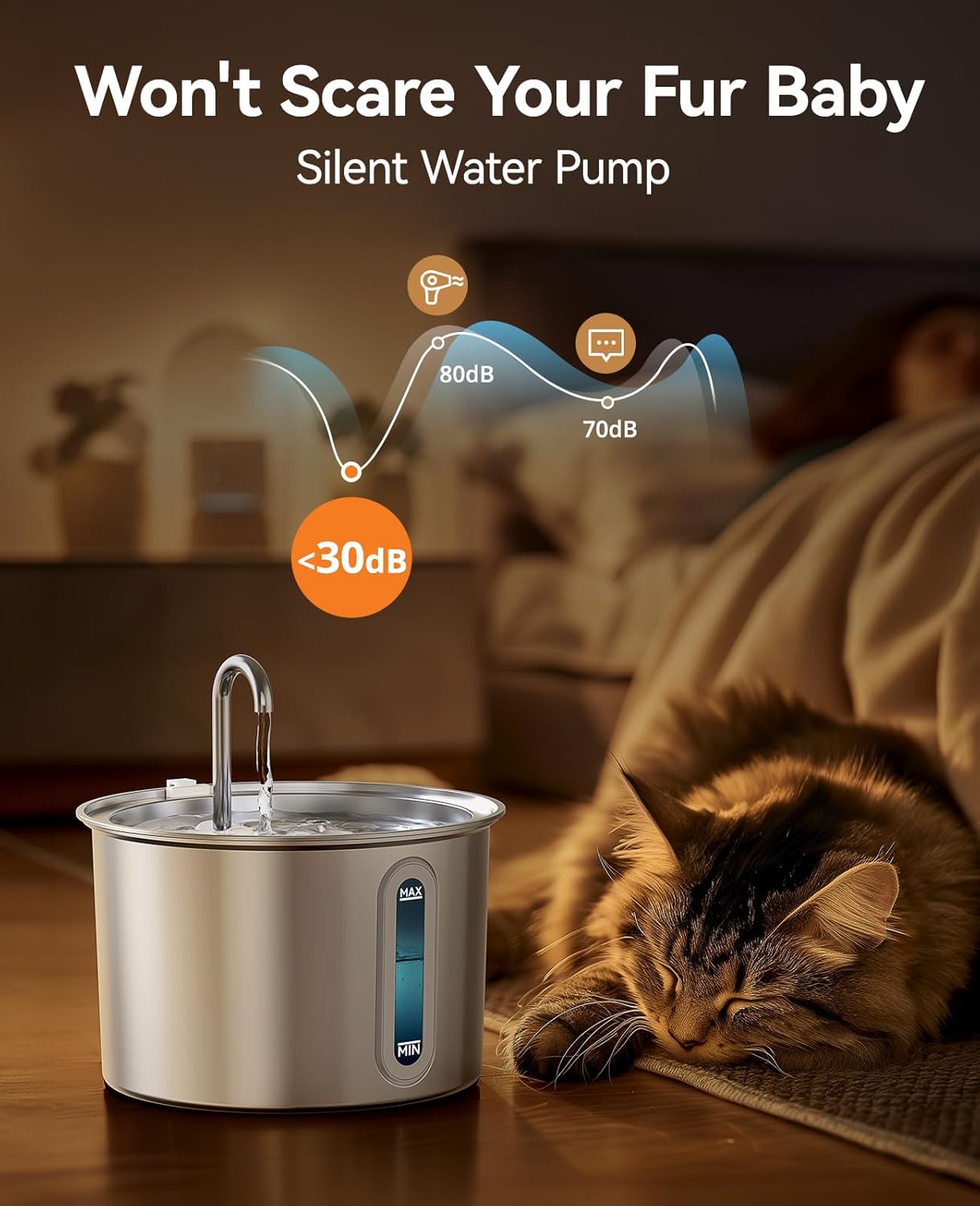 Stainless Steel Cat Water Fountain, 2L Water Fountains for Cats Indoor Dishwasher Safe with 3 Replacement Filters