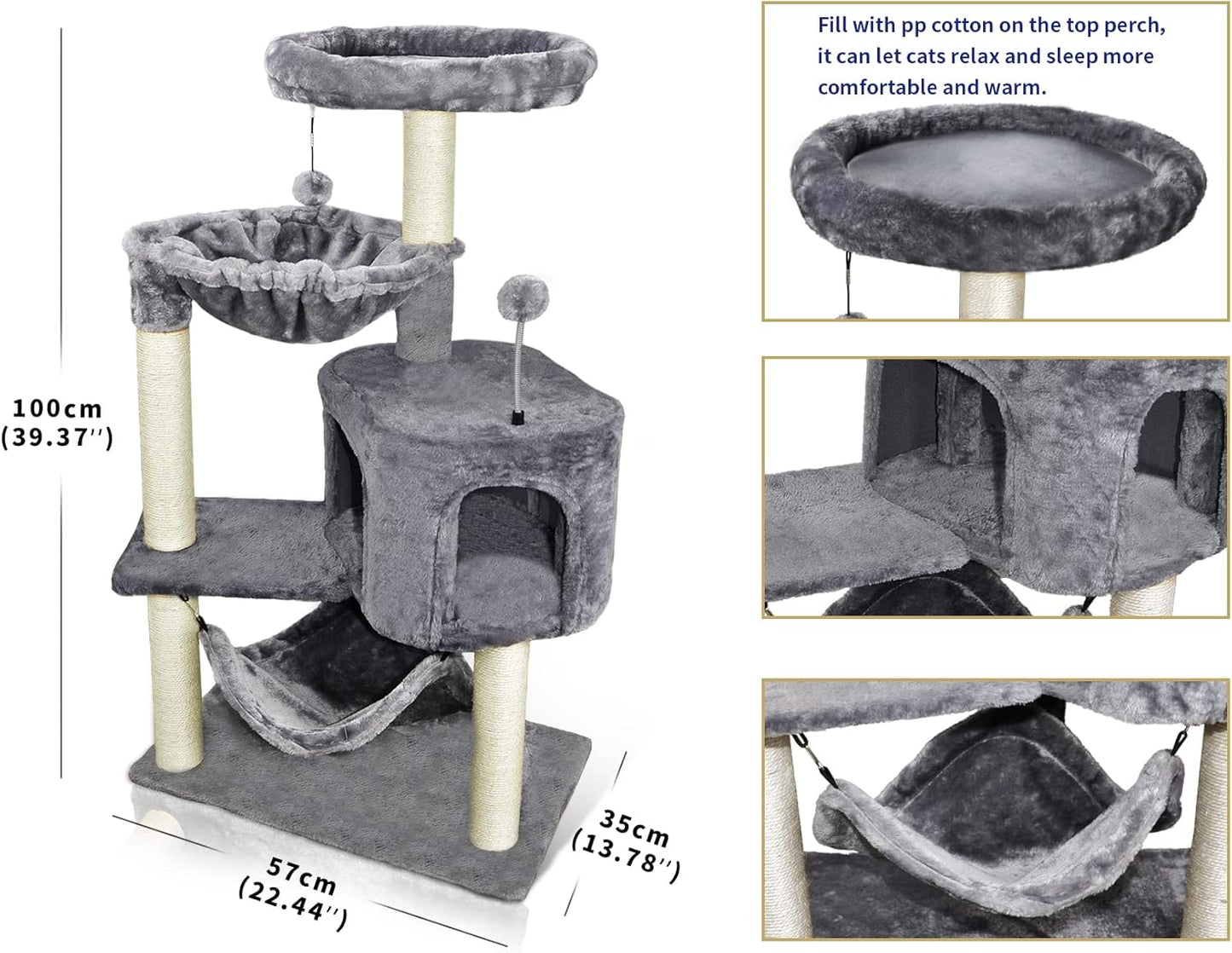Newest Cat Tree with Cat Condo and Big Hammock, Grey