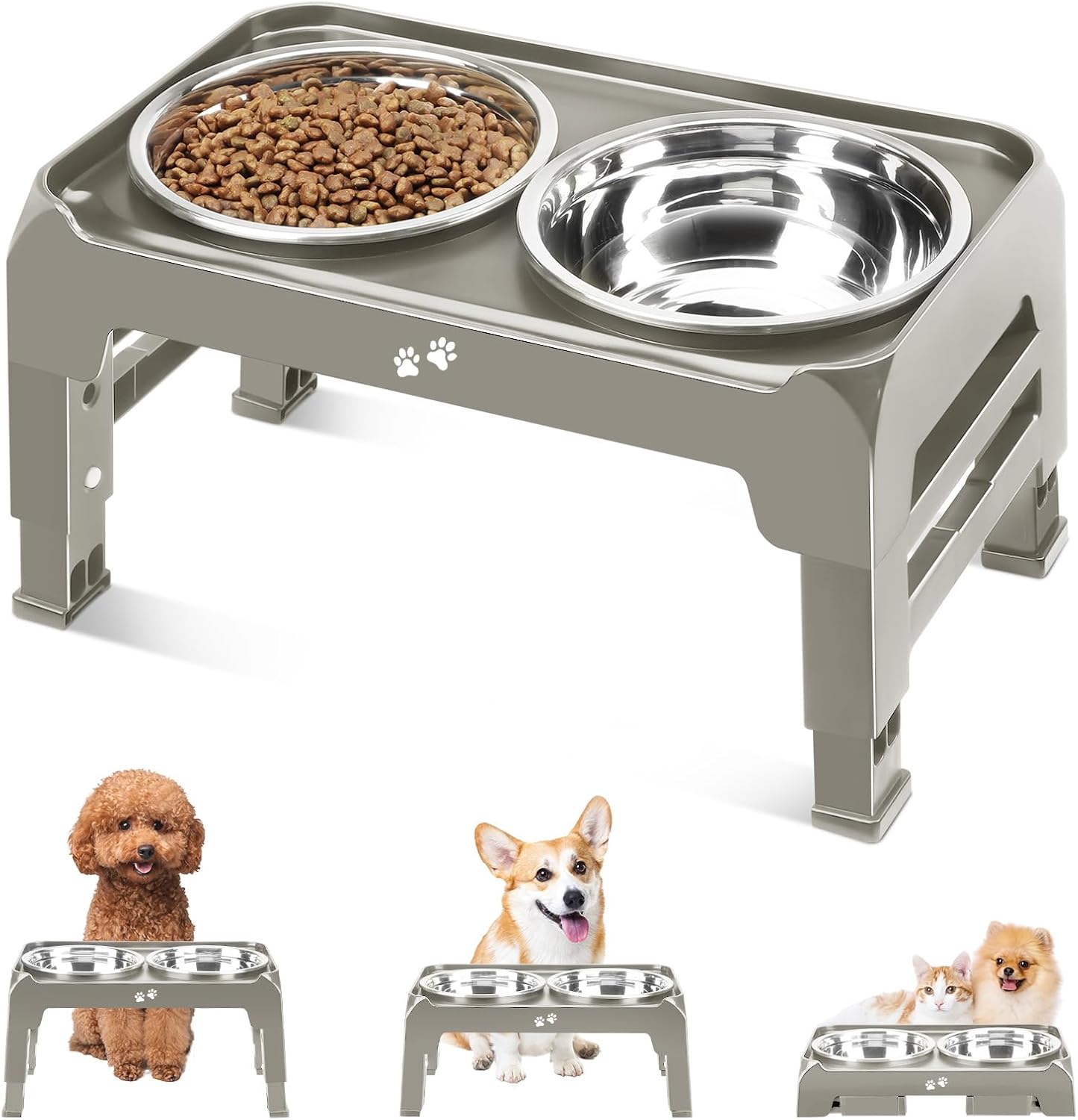 Elevated Dog Bowls, 4 Height Adjustable Raised Dog Bowl Stand with 2 Thick 50Oz Stainless Steel Dog Food Bowls Non-Slip Dog Feeder for Large Medium Dogs Adjusts to 3.7", 9.2", 10.75", 12.36" Black