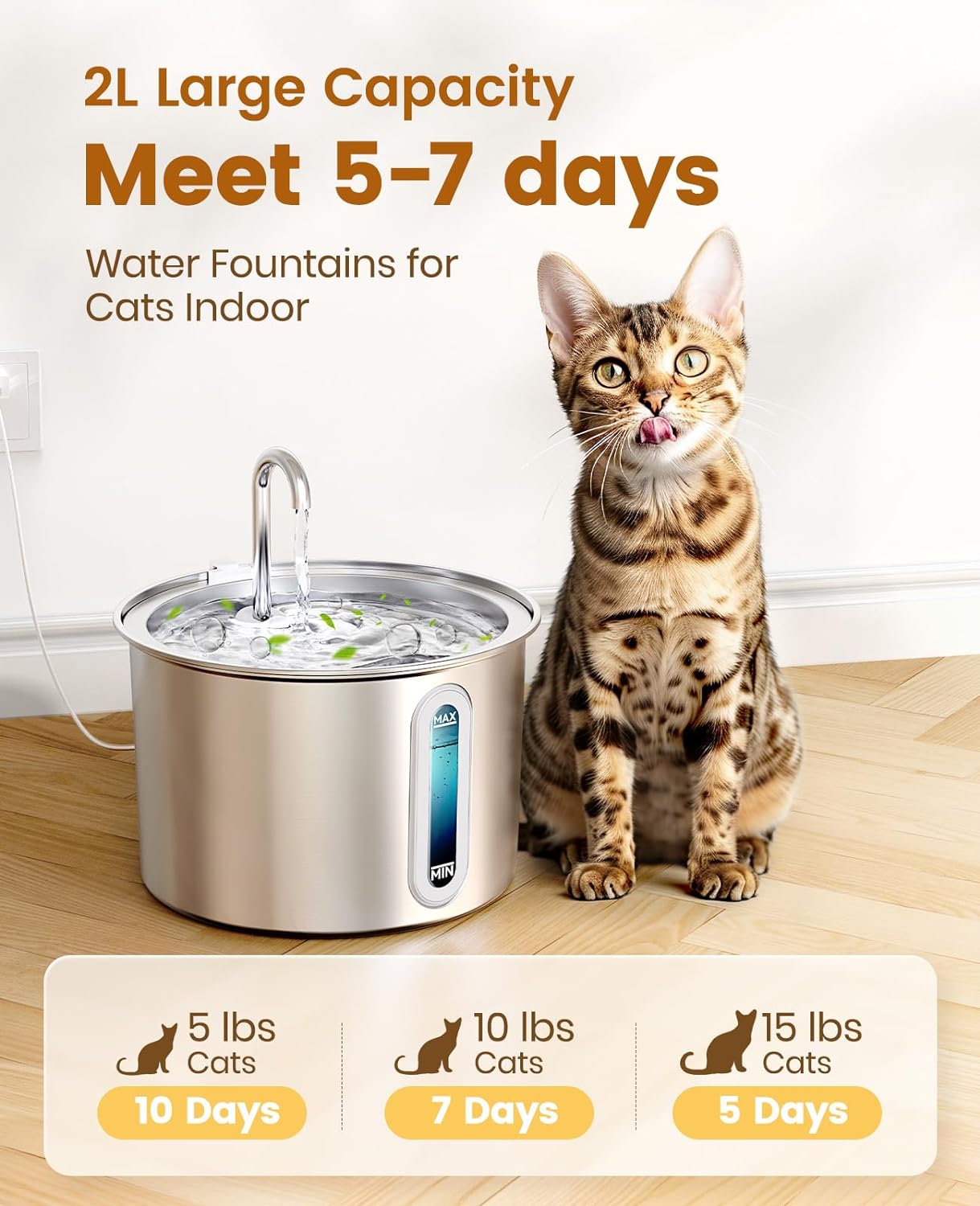 Stainless Steel Cat Water Fountain, 2L Water Fountains for Cats Indoor Dishwasher Safe with 3 Replacement Filters