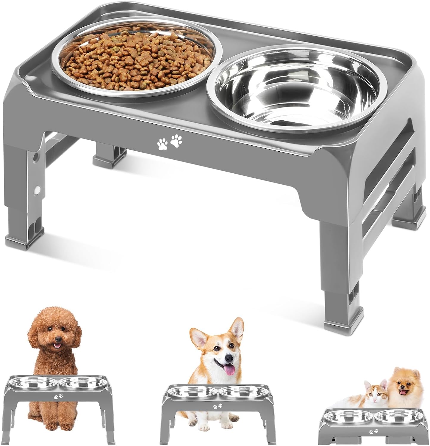 Elevated Dog Bowls, 4 Height Adjustable Raised Dog Bowl Stand with 2 Thick 50Oz Stainless Steel Dog Food Bowls Non-Slip Dog Feeder for Large Medium Dogs Adjusts to 3.7", 9.2", 10.75", 12.36" Black