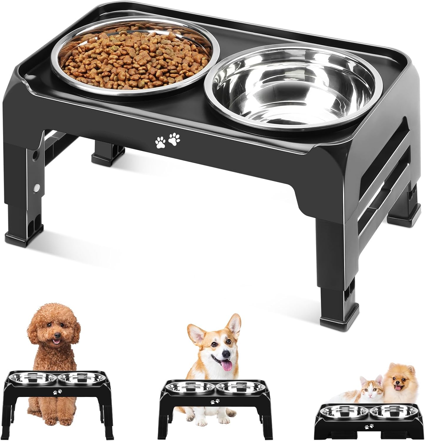 Elevated Dog Bowls, 4 Height Adjustable Raised Dog Bowl Stand with 2 Thick 50Oz Stainless Steel Dog Food Bowls Non-Slip Dog Feeder for Large Medium Dogs Adjusts to 3.7", 9.2", 10.75", 12.36" Black