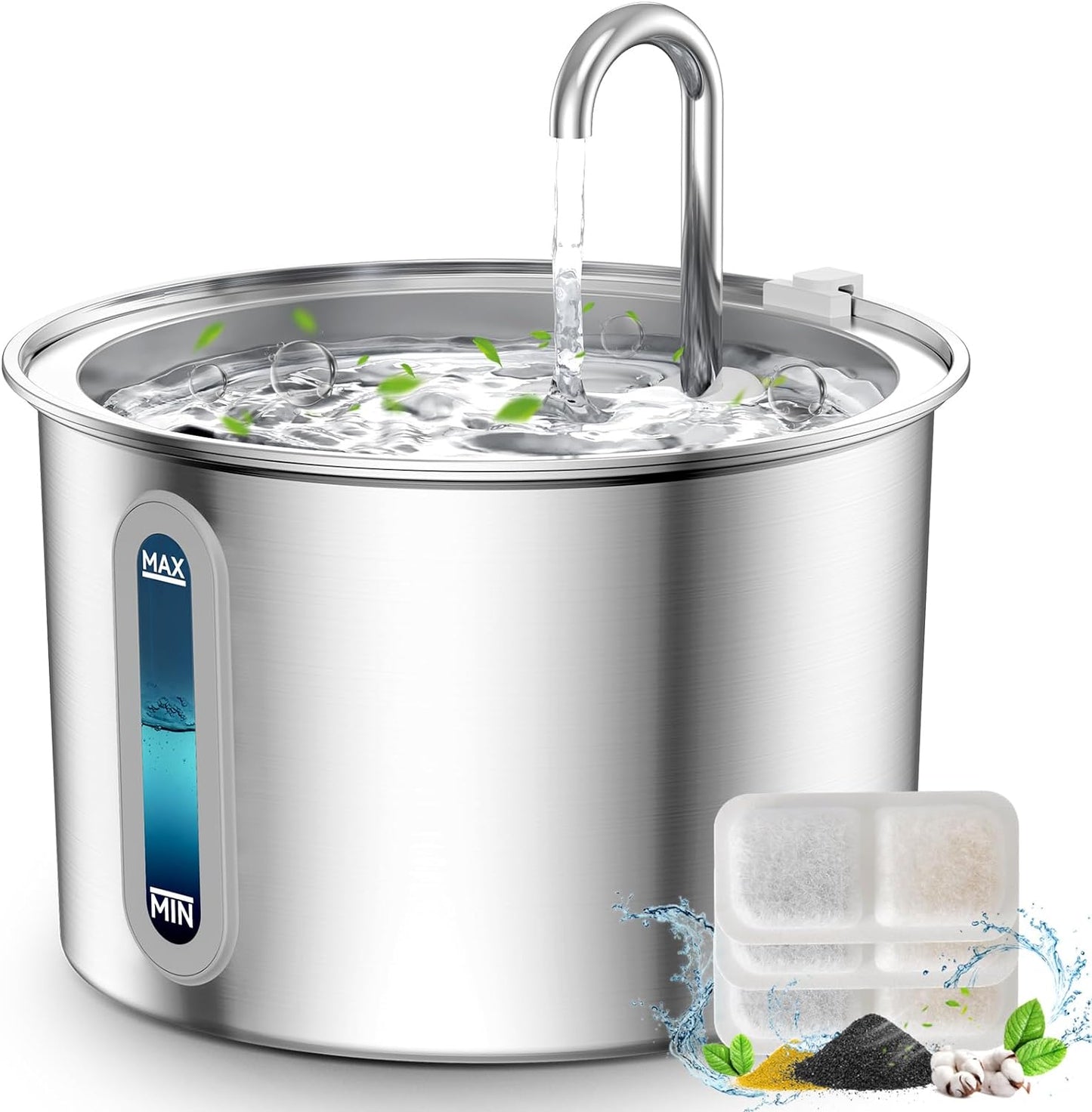 Stainless Steel Cat Water Fountain, 2L Water Fountains for Cats Indoor Dishwasher Safe with 3 Replacement Filters