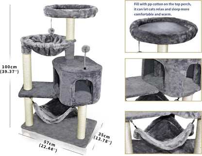 Newest Cat Tree with Cat Condo and Big Hammock, Grey