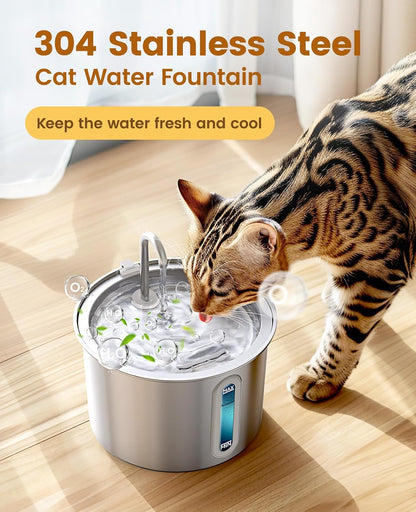 Stainless Steel Cat Water Fountain, 2L Water Fountains for Cats Indoor Dishwasher Safe with 3 Replacement Filters