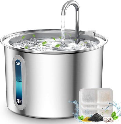 Stainless Steel Cat Water Fountain, 2L Water Fountains for Cats Indoor Dishwasher Safe with 3 Replacement Filters